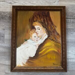 Vintage Signed Menconi Mother Child Oil Painting Ornate Wood Frame 23x19